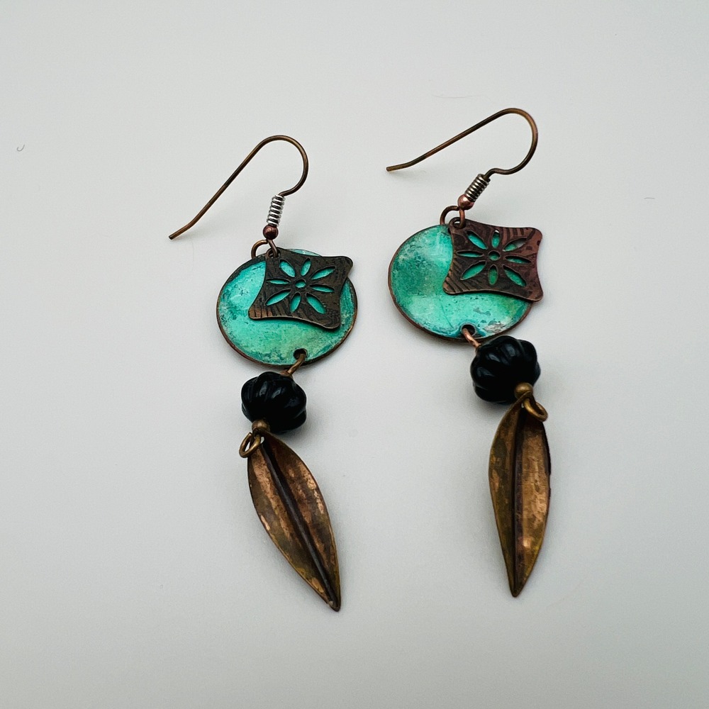 Artisan Dangle Earrings Floral Cutout Patina Mixed Media Boho Statement‎